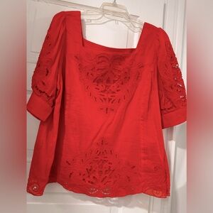 Bright coral Anthropologie top: lined, 100% cotton, embroidered lace details